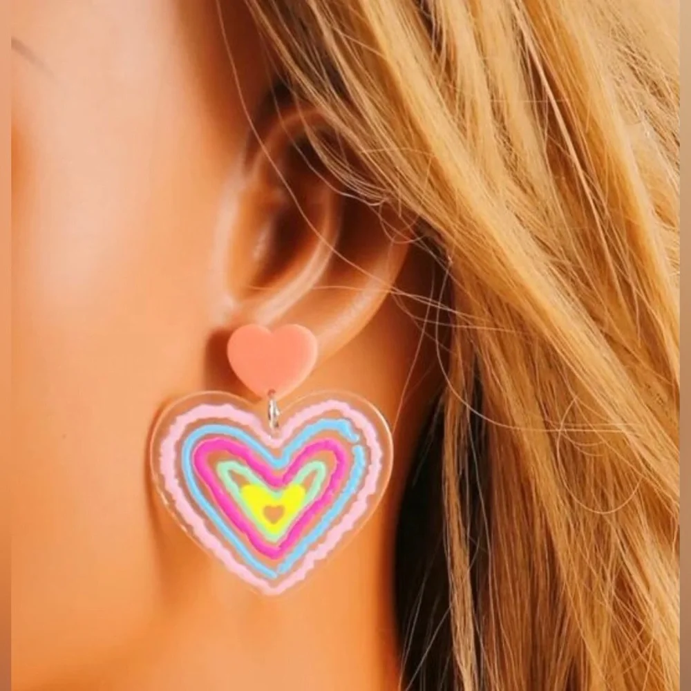 Neon Heart Maze- Puffy Paint Dimensional Concentric Rainbow Festival Rave Dangle